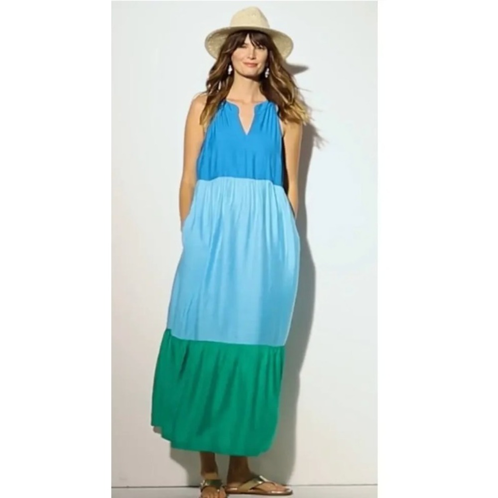 J. Jill Maxi Dress PM Blue Green Colorblock Tiered Boho Coastal Summer - Picture 3 of 16